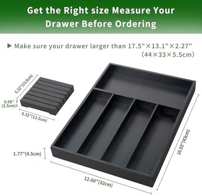 VaeFae Bamboo Silverware Drawer Organizer, 5 Slots, Black