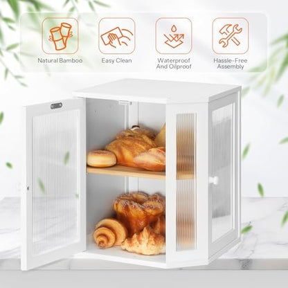 HOOBRO Bread Box, Bamboo Bread Box for Kitchen Countertop, 2-Tier Corner Bread Box, Large Capacity Bread Bin, Food Storage Box, Bread Storage Container for Kitchen, Dining Room, White WT12MB01