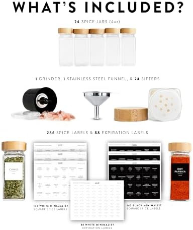 SAVVY & SORTED Glass Spice Jars with Label, 24PK Bamboo Jar Spices Set 4oz, 374 Spice Labels, Pepper Grinder, Empty Herb Seasoning Containers, Funnel and Shaker Lids