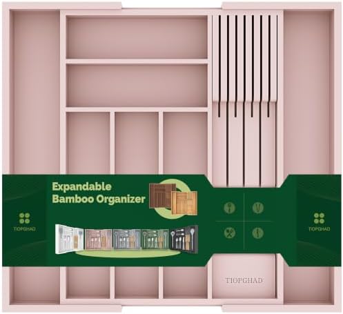 TIOPGHAD Expandable Bamboo Silverware Drawer Organizer Tray, Grey Pink