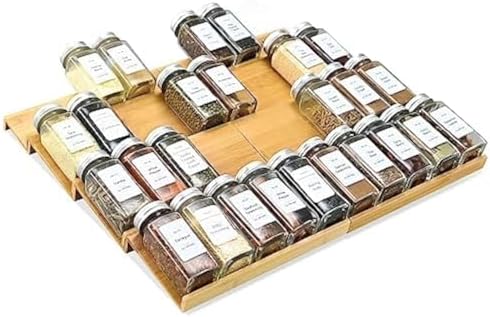 Spice Drawer Organzier,4 Tiers- 8Pcs Bamboo Spice Rack Tray Insert for Cabinet Drawer Countertop, Kitchen Seasoning Storage Drawer Organization,18" Wide x 15.8" Deep （Hold UP To 40 Jars