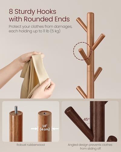 VASAGLE Solid Wood Coat Rack, Free Standing, 8 Hooks, 3 Height Options