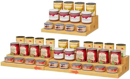 3-Tier Extra-Long Expandable Bamboo Can Rack for Pantry, Holds 45 Cans