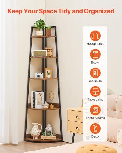 VEVOR 5 Tier Corner Shelf, Tall Corner Bookshelf Plant Rack, Wall Shelves Tower Storage Organizer with Metal Frame & Wooden Shelves, Narrow Display Book Shelf Rack for Bedroom, Living Room, Office