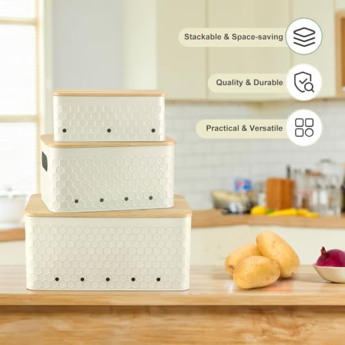Kitchen Vegetable Storage Set of 3, Metal Onion Garlic Potato Storage Set, Kitchen Canisters Vegetable Keeper Containers with Aerating Holes and Bamboo Lid,Embossed Beige