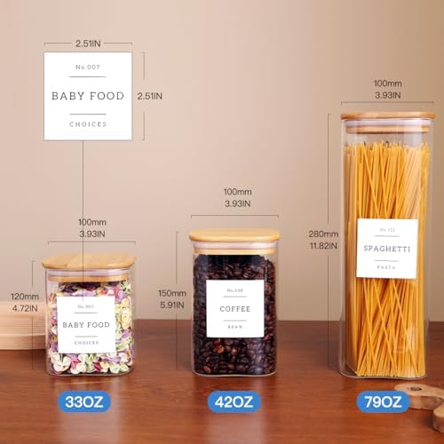 CZZGSM 5 Pack Square Glass Pantry Storage Containers with 132 Kitchen Food Pantry Labels - Clear Glass Jars with Airtight Wood Bamboo Lids - Glass Canisters for Cookies, Nuts, Cereal