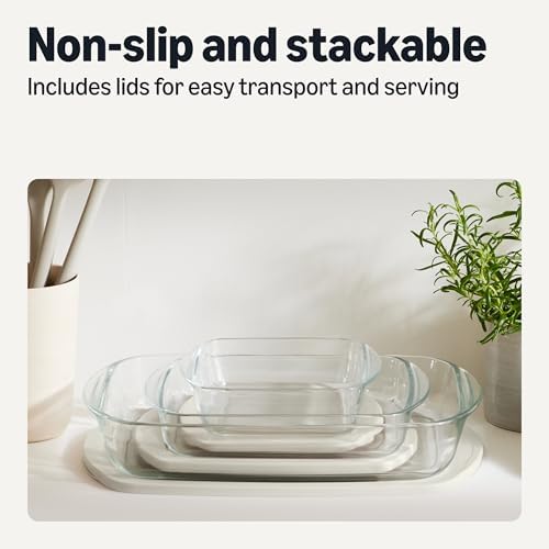 Amazon Basics Glass Baking Dishes with BPA-Free Lids, 6-Piece Bakeware Set, Borosilicate Glass, Oven-Safe up to 752°F, Non-Slip and Stackable, Dishwasher-Safe, Linen Gray