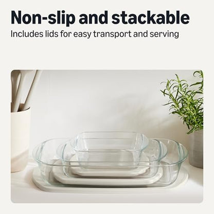 Amazon Basics Glass Baking Dishes with BPA-Free Lids, 6-Piece Bakeware Set, Borosilicate Glass, Oven-Safe up to 752°F, Non-Slip and Stackable, Dishwasher-Safe, Linen Gray
