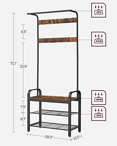 VASAGLE Coat Rack, Hall Tree with Shoe Bench, 4-in-1, 9 Removable Hooks