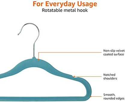 Amazon Basics Kids Space Saving Velvet Non-Slip Clothes Hangers with Shoulder Notches for Infant and Toddler, 11.6", Blue, 50-Pack