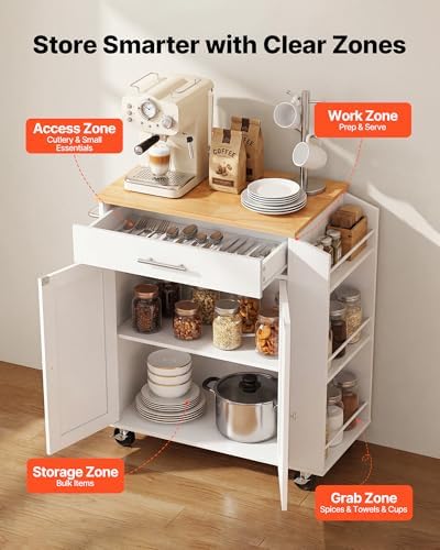 VEVOR Kitchen Island Cart with Storage, 31.3 in Wide Mobile Rolling Storage Island on Swivel Wheels, with Drawer, Storage Cabinet, Spice/Towel Rack, Table for Home Dining Room, White