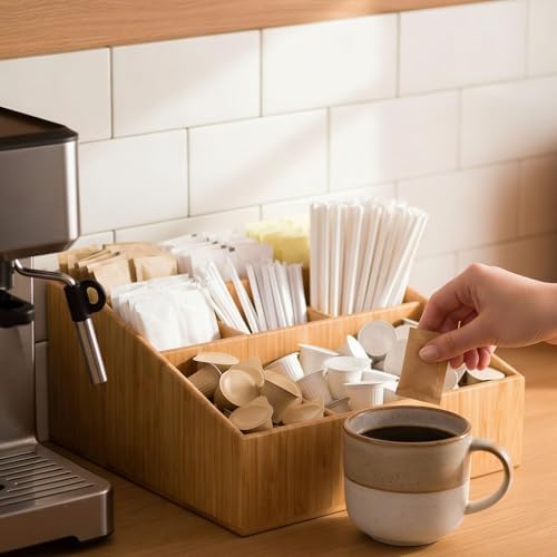 Restaurantware-11.75 x 5.5 Inch Coffee Condiment Organizer, 1 Square Creamer Organizer - 9 Compartments, Break-Resistant, Bamboo Coffee Accessory Caddy, Won't Chip, For Sugar Packets And Creamers