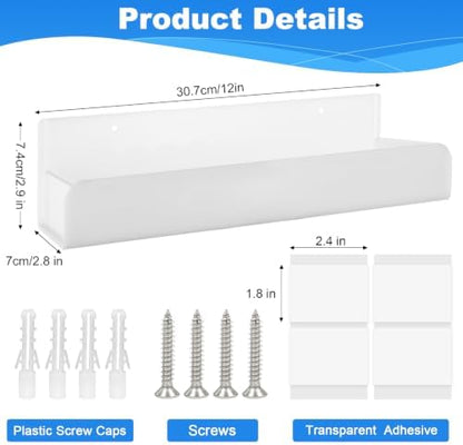 12 Inch Acrylic Spice Rack Wall Mount, White, 2 Pack