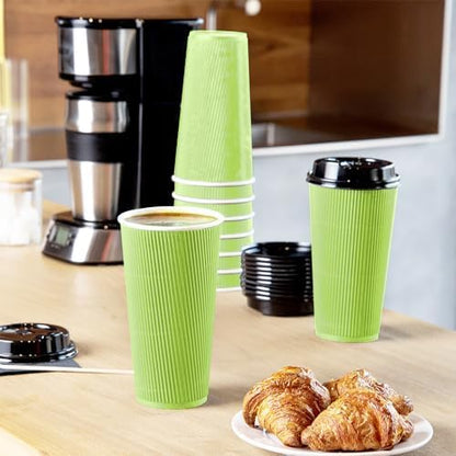Restaurantware Ripple Wall Coffee Cup 250 Count 20 Ounce Insulated Hot Beverage Cup Disposable Non-Slip Large Capacity For Coffee Shops, Cafes, Bakeries, Green