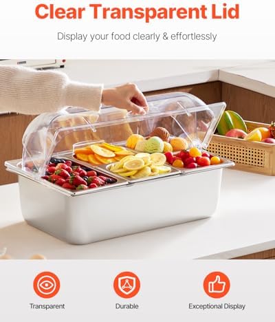 VEVOR Countertop Food Serving Display Container, 5 Pan Stainless Steel Food Serving Tray, Buffet Condiment Dispenser Display Rack with Clear Lid & 3 Freezer Boxes, for Restaurant Hotel Kitchen Party