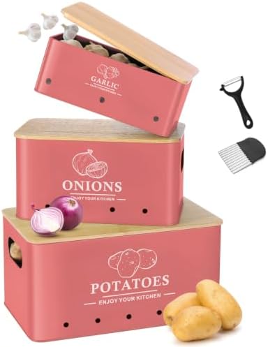 Kitchen Vegetable Storage Set of 3, Metal Onion Garlic Potato Storage Set, Kitchen Canisters Vegetable Keeper Containers with Aerating Holes and Bamboo Lid,Coral Red
