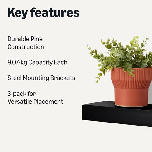 Amazon Basics Wood Floating Wall Shelves, 3-Pack, Black, 15.8" x 5" x 1.8"