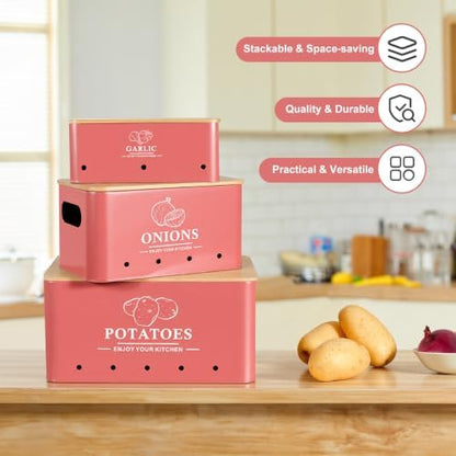 Kitchen Vegetable Storage Set of 3, Metal Onion Garlic Potato Storage Set, Kitchen Canisters Vegetable Keeper Containers with Aerating Holes and Bamboo Lid,Coral Red