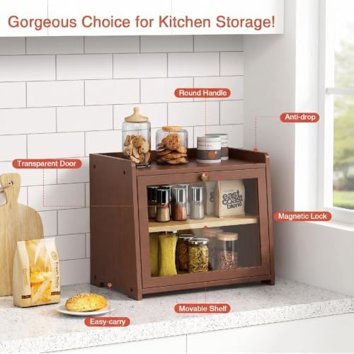Walnut Brown Bread Box 2 Tier, Double Layer Breadbox for Kitchen Countertop
