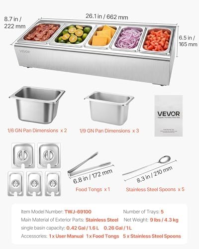 VEVOR Countertop Food Serving Display Container, Stainless Steel Food Salad Server Tray, Buffet Condiment Dispenser, Ice Cooled Rack with Separate Lid, for Restaurant Hotel Kitchen (2x1/6+3x1/9 Pan)
