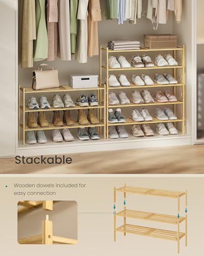SONGMICS Bamboo Shoe Rack, 3-Tier Stackable Shoe Organizer, for 12-16 Pairs