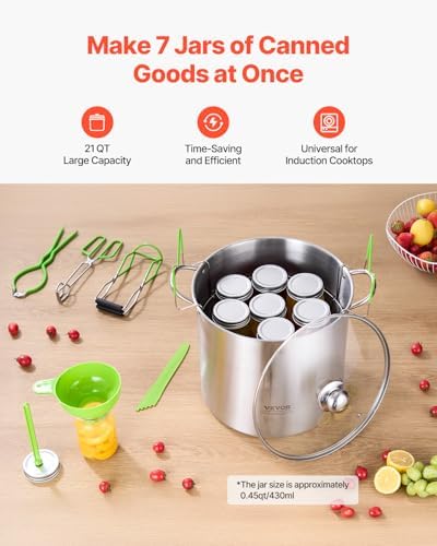 VEVOR Canning Supplies Starter Kit, 9 Pieces Stainless Steel Water Bath Canning Kit for Beginners, Canning Tools Set: Pot, Rack, Lid, Funnel, Tongs, Jar Lifter, Wrench, Magnetic Wand, Bubble Propper