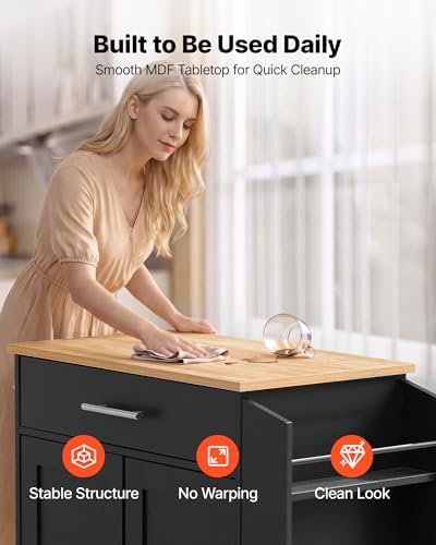 VEVOR Kitchen Island Cart with Storage, 31.3 in Wide Mobile Rolling Storage Island on Swivel Wheels, with Drawer, Storage Cabinet, Spice/Towel Rack, Table for Home Dining Room, Black