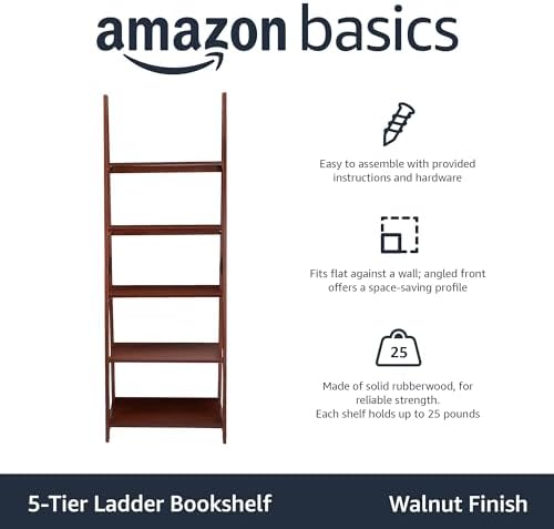 Amazon Basics 5-Tier Ladder Bookshelf Storage Organizer, Solid Rubberwood Frame, Space-Saving Bookcase, Sturdy Shelves, Walnut Finish, 14" D x 24.8" W x 70.1" H