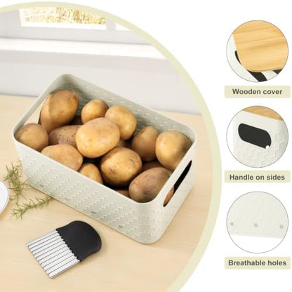 Kitchen Vegetable Storage Set of 3, Metal Onion Garlic Potato Storage Set, Kitchen Canisters Vegetable Keeper Containers with Aerating Holes and Bamboo Lid,Embossed Beige
