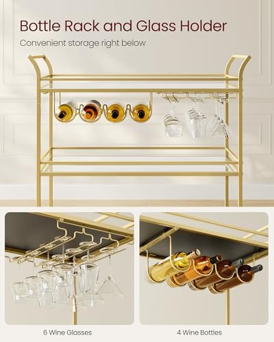 VASAGLE Bar Cart Gold, Large Home Bar Serving Cart with 3-Tier