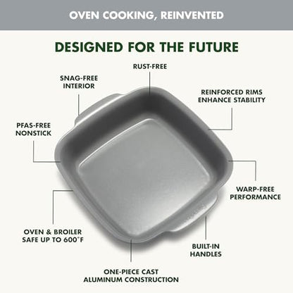 GreenPan Premiere Ovenware Healthy Ceramic Nonstick 8" Square Cake Baking Pan, Cast Aluminum Bakeware, Warp-Free, Oven and Broiler safe to 600F, Dishwasher Safe, PFAS-Free, Gray