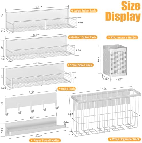 Magnetic Spice Rack for Refrigerator, 7 Pack 100% Metal Strong Magnet Shelf, Spice Organizer W/ Paper Towel Holder, Hook Rack, Utensil Caddy & Cutting Board Holder, Home Kitchen Organization (White)