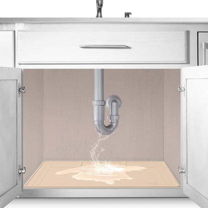 The Original Under Sink Mat - Silicone Waterproof mat, Trimmable, Easy to Clean, Kitchen cabinet liner, Under sink protector mats, Drip Tray with Lip (Beige, 31" x 22") or smaller