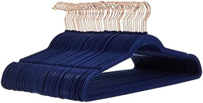 Amazon Basics Slim Velvet Non-Slip Space Saving Suit Clothes Hangers, Sturdy Construction, Navy Blue/Rose Gold, 50-Pack