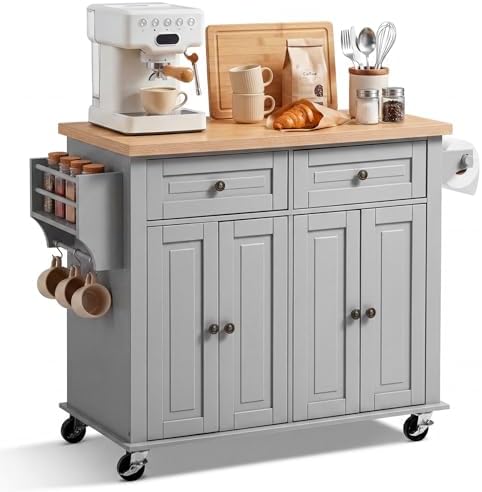 VEVOR Kitchen Island Cart with Storage, 43.7 in Wide Mobile Rolling Storage Island on Swivel Wheels, with 2 Drawers, Storage Cabinet, Spice/Towel Rack, Hooks, Table for Home Dining Room, Gray