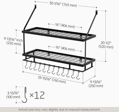 KES 30-Inch Kitchen Pot Rack - Mounted Hanging Rack for Kitchen Storage and Organization - Matte Black 2-Tier Wall Shelf with Guard Rail for Pots and Pans Organizer with 12 Hooks - KUR215S75B-BK