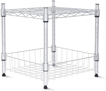Whitmor 2 Tier Metal Storage Shelves, Heavy Duty Shelf with Basket, 350 lbs Capacity per Shelf, 700 lbs Total, Home Organizer for Kitchen, Garage, Bathroom, 15" L x 14" W x 15" H, Chrome