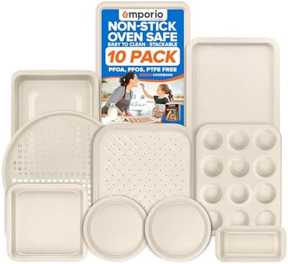 Emporio Kitchen Stackable Baking Pan Set - Nonstick White Marble Coating, Carbon Steel Bakeware Sets, PFOA, PFOS, PTFE Free, Recipe Booklet Included, Oven Safe Tray (Up To 450° F), Set of 10 - White