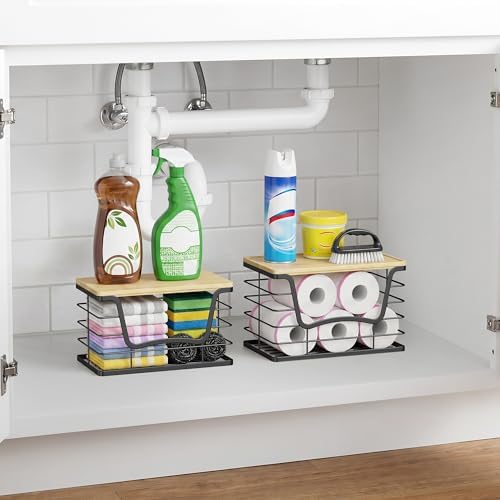 ALOCEO 2 Pack Stackable Wire Storage Basket with Bamboo Lid, Stainless Steel Extra Large Trash Bag Dispenser Roll Holder for Kitchen Sink, Laundry, Pantry Organizer and Storage, Black