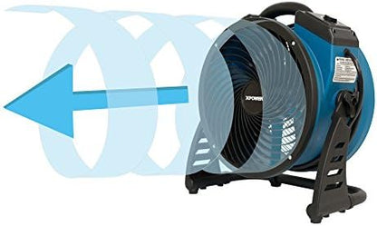 XPOWER P-26AR Industrial Axial Air Mover, Blower, Fan with Build-in Power Outlets for Water Damage Restoration, Home and Plumbing Use - 1 Amp, 1300 CFM, 4 Speeds , Blue