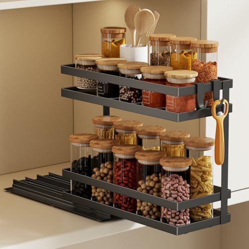 Magheo Pull Out Spice Rack Organizer for Cabinet, 1 Pack Metal Seasoning Organizer Slide Out Spice Storage Shelf No Assembly Vertical Spice Rack Pullout for Kitchen & Bahthroom No Drill(2 Tier,Black)