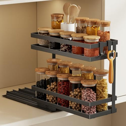 Magheo Pull Out Spice Rack Organizer for Cabinet, 1 Pack Metal Seasoning Organizer Slide Out Spice Storage Shelf No Assembly Vertical Spice Rack Pullout for Kitchen & Bahthroom No Drill(2 Tier,Black)