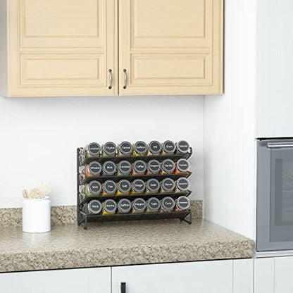 SpaceAid Spice Rack Organizer with 28 Spice Jars, 386 Spice Labels, Chalk Marker and Funnel Set for Cabinet, Countertop, Pantry, Cupboard or Door & Wall Mount - 28 Jars, 13.4" W × 10.8" H, Black