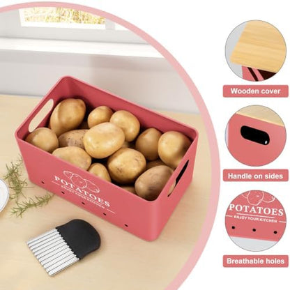 Kitchen Vegetable Storage Set of 3, Metal Onion Garlic Potato Storage Set, Kitchen Canisters Vegetable Keeper Containers with Aerating Holes and Bamboo Lid,Coral Red