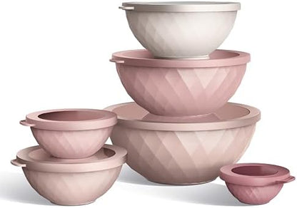 COOK WITH COLOR Mixing Bowls with Lids - 12 Piece Plastic Nesting Bowls Set includes 6 Prep Bowls and 6 Lids, Microwave Safe Mixing Bowl Set, Pink Diamond