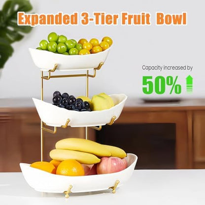 3 Tier Fruit Basket, Ceramic Fruit Bowl for Kitchen Counter
