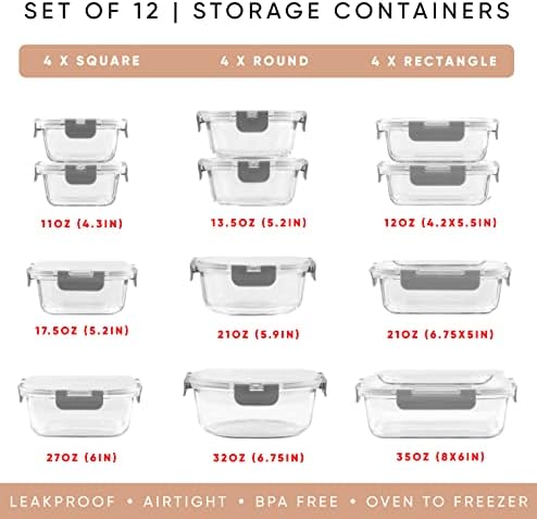 JoyJolt 24pc Borosilicate Glass Storage Containers with Lids | 12 Airtight/Freezer Safe Food Storage Containers for Pantry and Kitchen | Meal Prep Container for Lunch | Glass Tupperware Set