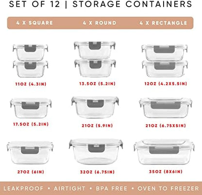 JoyJolt 24pc Borosilicate Glass Storage Containers with Lids | 12 Airtight/Freezer Safe Food Storage Containers for Pantry and Kitchen | Meal Prep Container for Lunch | Glass Tupperware Set