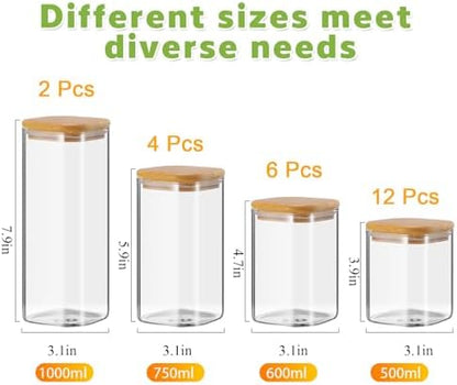 Qinyoung 24 Pcs Glass Storage Jars Airtight Bamboo Lids Glass Food Containers, 4 Sizes (0.5/0.6/0.8/1 Qt) Clear Square Pantry Organization Stackable for Pasta Candy Cookie Kitchen Food Cereal Coffee