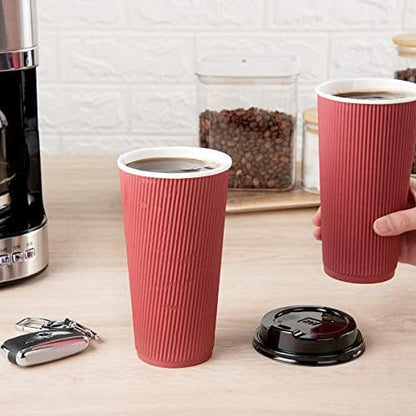 Restaurantware Ripple Wall Coffee Cups 10 Count 20 Ounce Insulated Crimson Paper Cups, Rolled Rim Spill-Resistant Disposable Paper Non-Slip for Coffee, Beverages